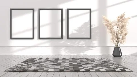 Empty posters frames mock up in white interior, illuminated by light from the Illustrazione stock