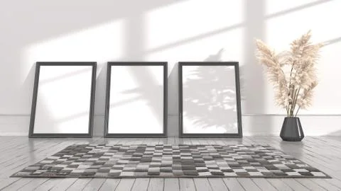 Empty posters frames mock up in white interior, illuminated by light from the Stock Illustration