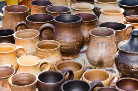 Empty Pottery Crockery in Rustic Style. Stock Photos