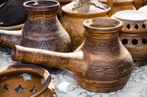 Empty Pottery Crockery in Rustic Style. Stock Photos