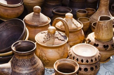Empty Pottery Crockery in Rustic Style. Stock Photos