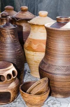 Empty Pottery Crockery in Rustic Style. Stock Photos