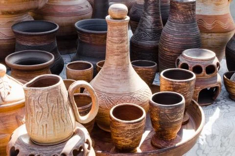 Empty Pottery Crockery in Rustic Style. Stock Photos
