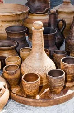 Empty Pottery Crockery in Rustic Style. Stock Photos