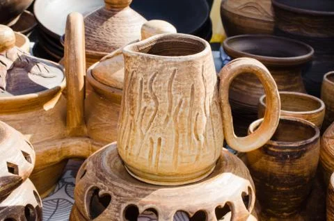 Empty Pottery Crockery in Rustic Style. Stock Photos