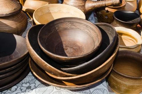 Empty Pottery Crockery in Rustic Style. Stock Photos
