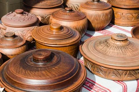 Empty Pottery Crockery in Rustic Style. Stock Photos