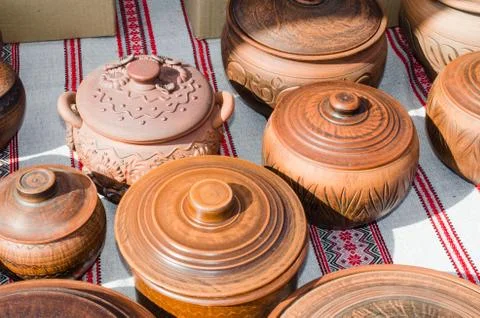Empty Pottery Crockery in Rustic Style. 스톡 사진