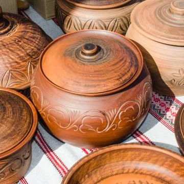 Empty Pottery Crockery in Rustic Style. Stock Photos