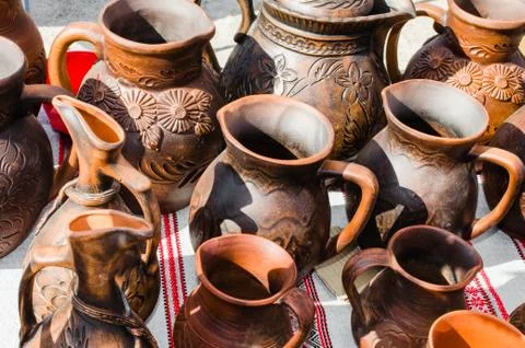 Empty Pottery Crockery in Rustic Style. 스톡 사진