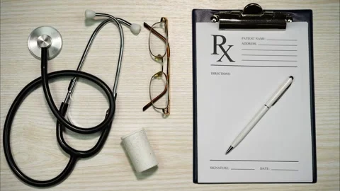 Empty prescription with pen lying on table with stethoscope, pills and glasses 動画素材 264156479