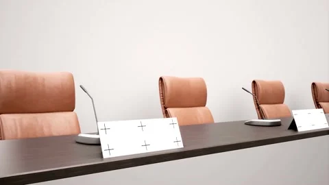 Empty Press Conference Room Table with Name Placards and Microphones Video stock 341823809