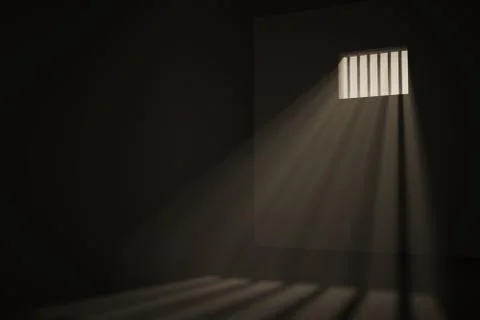 Empty prison cell. Light rays shining through window in jail. 3D rendered ill 스톡 사진