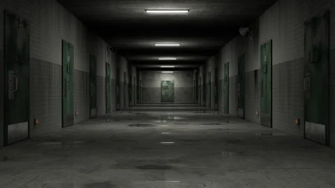 Empty prison corridor with lights turning on. 3d render. Seamless loop. Stock Footage 257260432