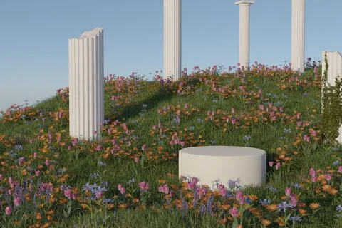 Empty product podium with spring flower field 3D render illustration Stock Illustration