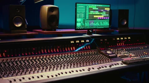 Empty professional studio with control desk mixer and audio recording software Stock Footage 270438459