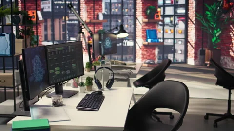 Empty programmer digital workspace shows real time code and AI driven algorithms Video stock 308674762
