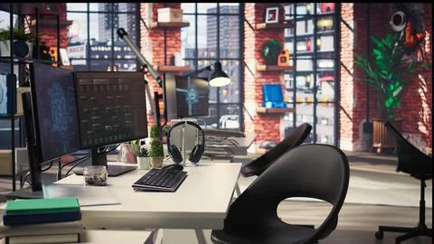 Empty programmer digital workspace shows real time code and AI driven algorithms Foto stock