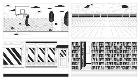 Empty public places black and white line illustration set Stock Illustration