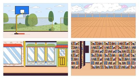 Empty public places cartoon flat illustration set Stock Illustration