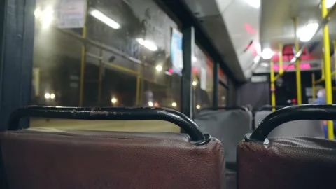 Empty public transport, outside window of evening city and lights flash. Stock Footage 148292111