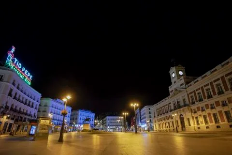 Empty Puerta del Sol, in downtown Madrid, following the overnight curfew Stock Photos