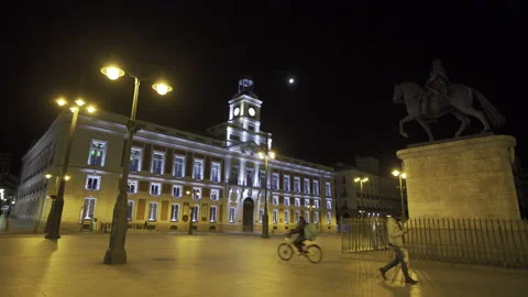 Empty Puerta del Sol, in Madrid, following night-time curfew Stock Footage 142659302