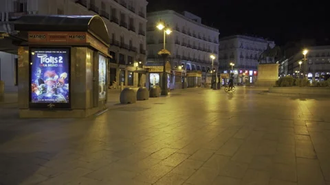 Empty Puerta del Sol, in Madrid, following night-time curfew Stock Footage 142659454