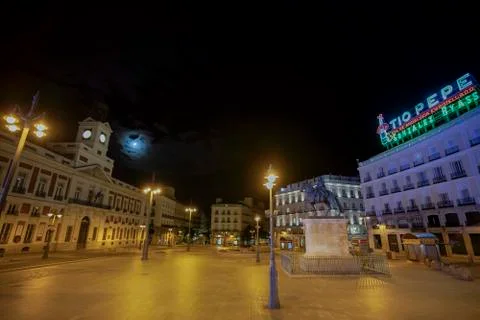 Empty Puerta del Sol square in downtown Madrid Stock Photos
