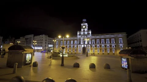 Empty Puerta Sol, in Madrid, following night-time curfew Stock Footage 142659371