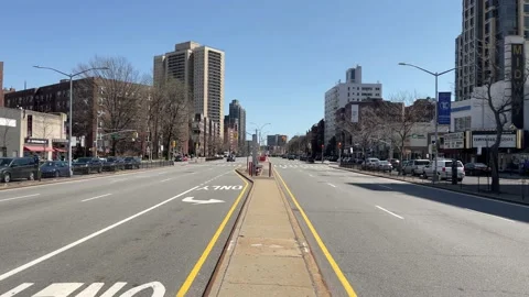 Empty Queens Blvd middle traffic island median divider quiet boulevard Covid NYC Stock Footage 151728082