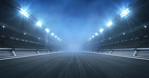 Empty racing track and shining spotlights on sport stadium. Stock Footage 264028900