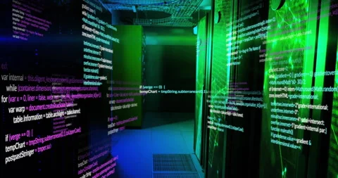 Empty rack aisle receiving fading magenta streams and emerging neon green code Stock Footage 311508218