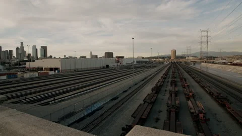 Empty Rail Yard With LA Skyline In Background Near 4th Street Bridge 4K 48FP Stock Footage 222012439