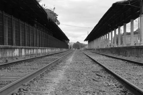 Empty railroad track going through old city station. Perspective view Stock Photos