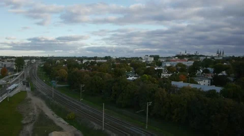 Empty railway city skyline trees aerial panoramic clouds Stock Footage 48469631