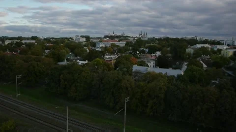 Empty railway city skyline trees aerial panoramic Stock Footage 48470958