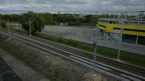 Empty railway city skyline trees aerial panoramic Stock Footage 48471460