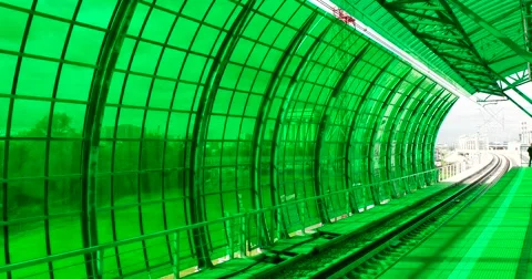 Empty railway platform, green glass Video stock 67468366