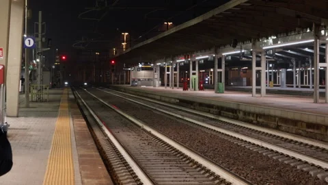Empty Railway Station Platform and Tracks at Night in Venice Mestre Italy Stock Footage 325625138