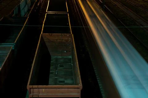 Empty railway wagons for cargo transportation top view. A place for storage.. 스톡 사진