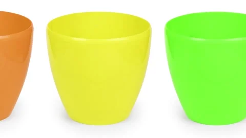 Empty rainbow color flower pots isolated on white. Stock Footage 249950391