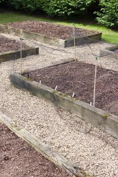 Empty raised vegetable beds in spring, UK vegetable garden Stock Photos