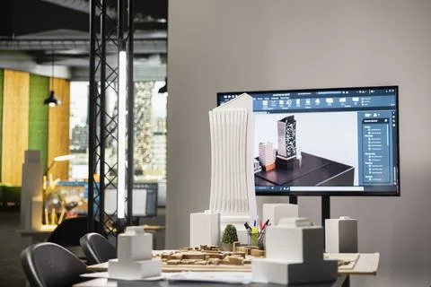 Empty real estate development office filled with blueprints and 3D models Stock Photos