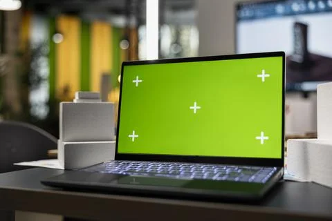 Empty real estate office space with 3D software and chroma key display Stock Photos