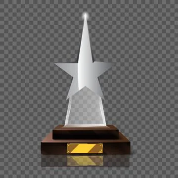 Empty realistic glass trophy statue with empty golden board. Promotional objects Illustrazione stock