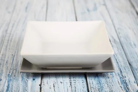 Empty rectangular Plate on wooden table background Stock Photos