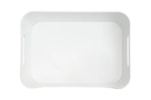 Empty rectangular white serving tray isolated on white background. Plastic .. Stock Photos