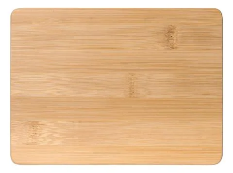 Empty rectangular wooden oak kitchen cutting board. White background, top vie 스톡 사진