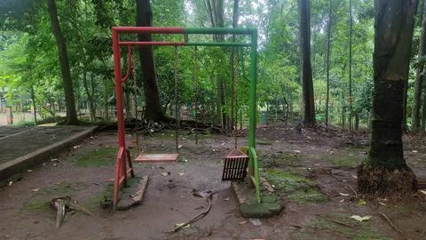 Empty Red and Green Swing Set in an Overgrown Forest Park Foto stock